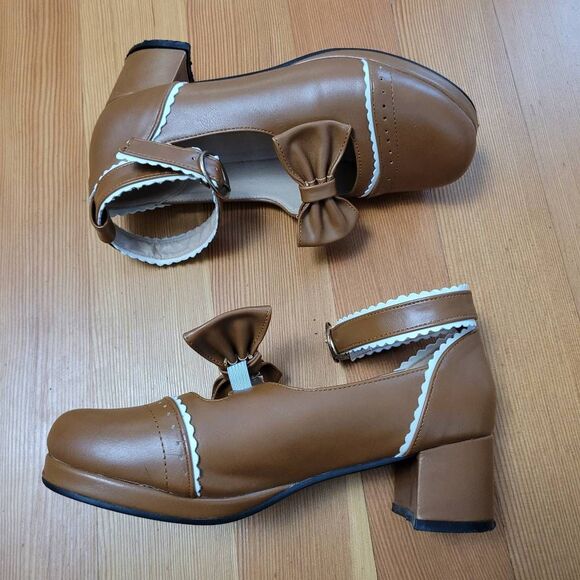 Gingerbread brown mary janes block heel bow detail white scalloped accent lolita - Picture 2 of 8